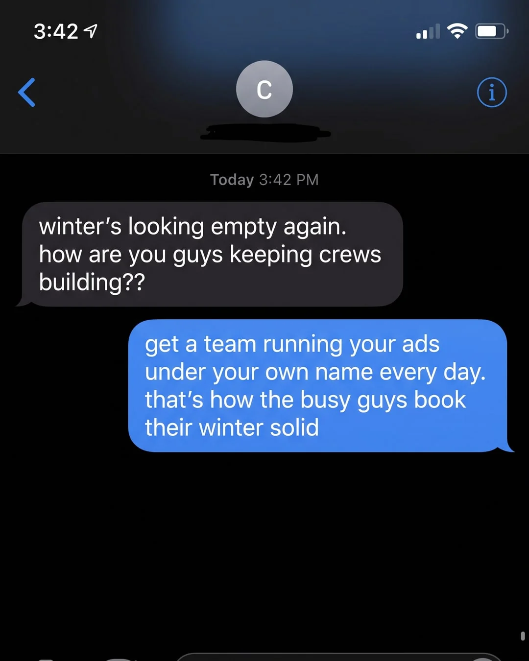 Static ad: Barn builders · text-message style